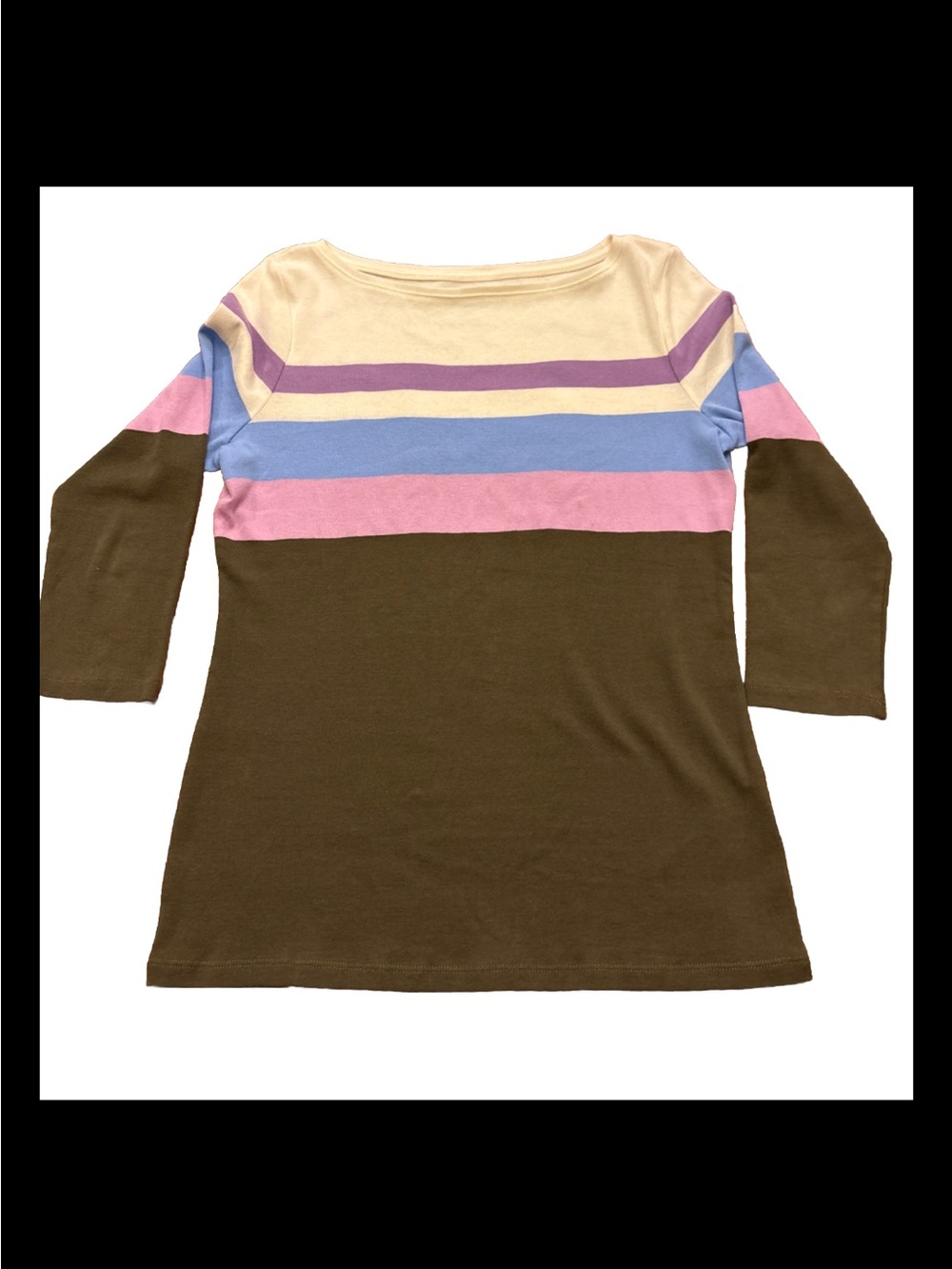 Talbots Striped Boatneck Women’s Top in Olive, Pink, Blue 3/4 Sleeve Sz Small P